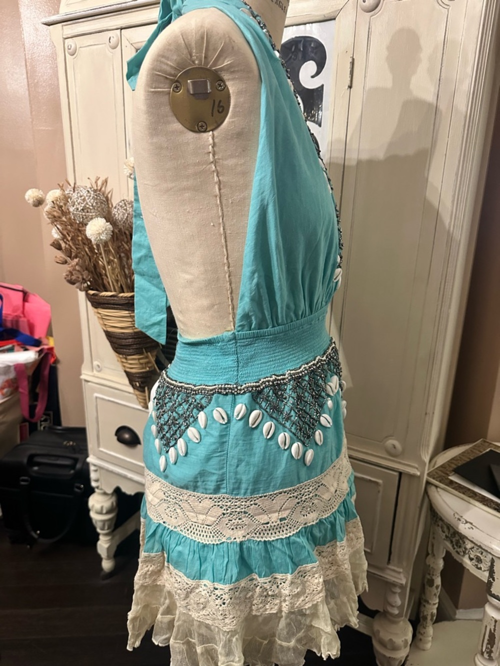 Turquoise Halter Shell-Trim Boho Dress - Picture 6 of 7